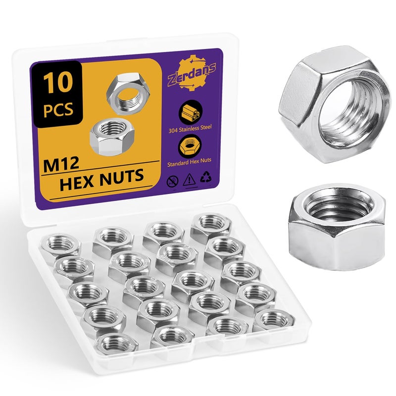 ZerDans M12 Hex Nuts, 10Pcs Metric 304 Stainless Steel Metal M12-1.75mm Hexagonal Nuts Hardware Set for Bolt for Furniture, Automotive, Industry and Construction, Full Thread - Image 1